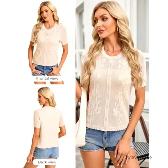 Short Sleeve Crochet Cardigan, Lightweight Summer Bolero, Button Up Shrug - Picture 3 of 7